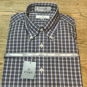 Enro Men’s Dress Regular Size M, 100% Cotton Blue Plaid Long Sleeve